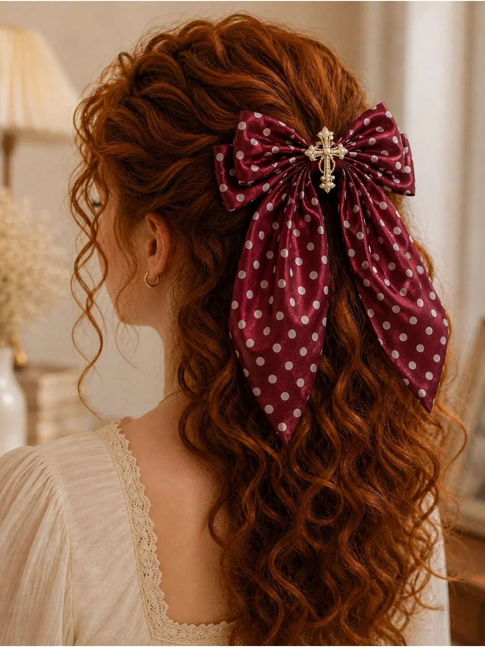 Coquette Vintage Burgundy Polka Dot Hair Bow Set Gold Cross